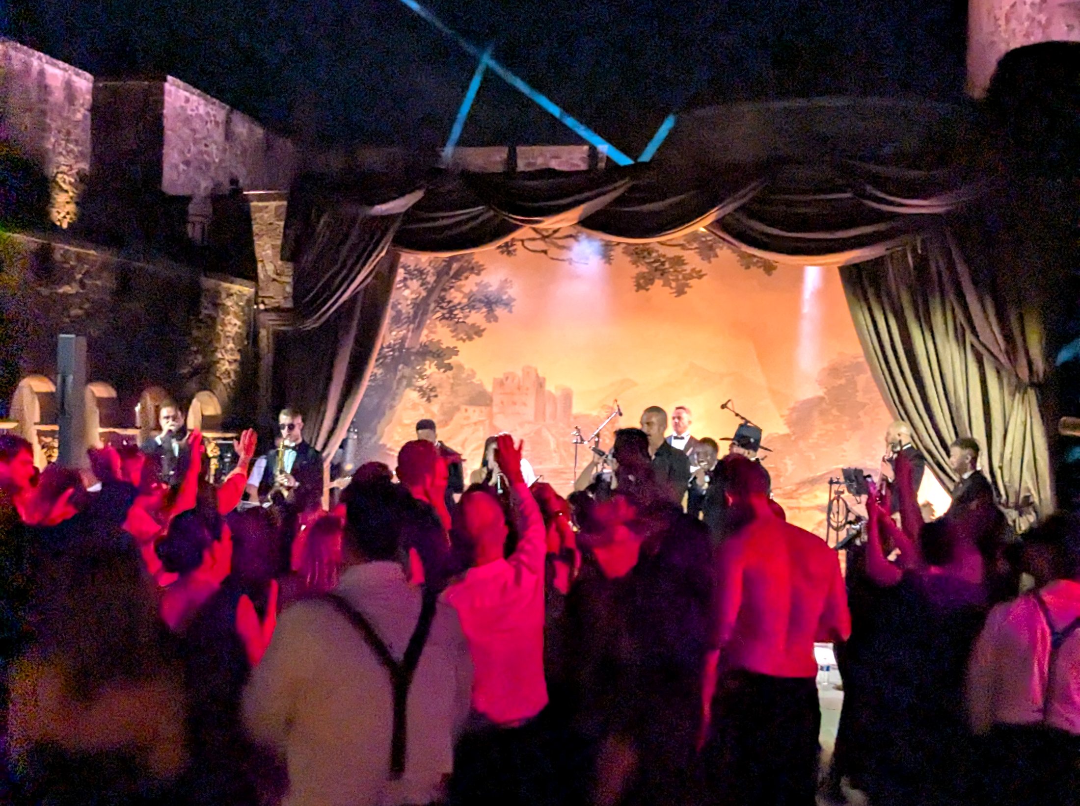 Sensation Band 12-piece on a theatre-style stage at Château de la Napoule wedding